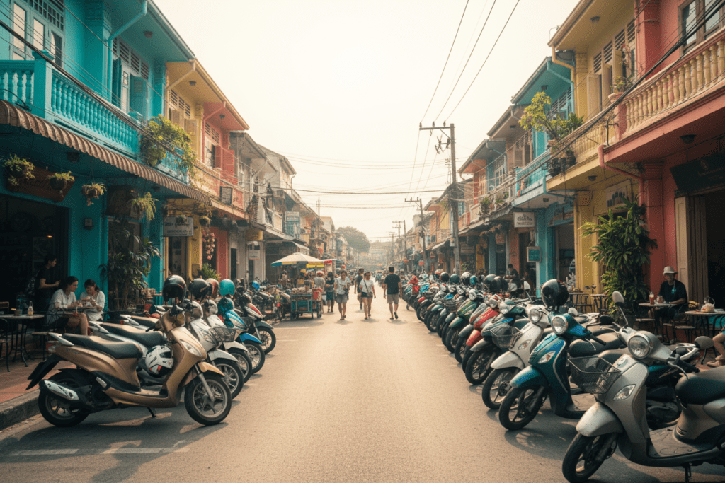 Phuket street with parked scooters and local shops