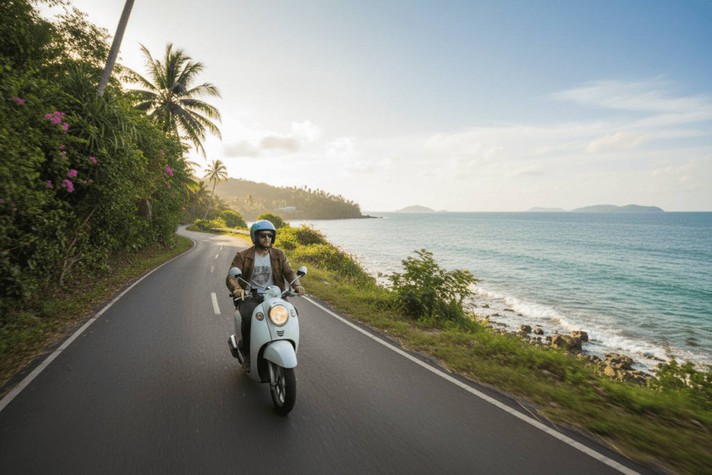 Rider on scooter enjoying Phuket's coastal roads
