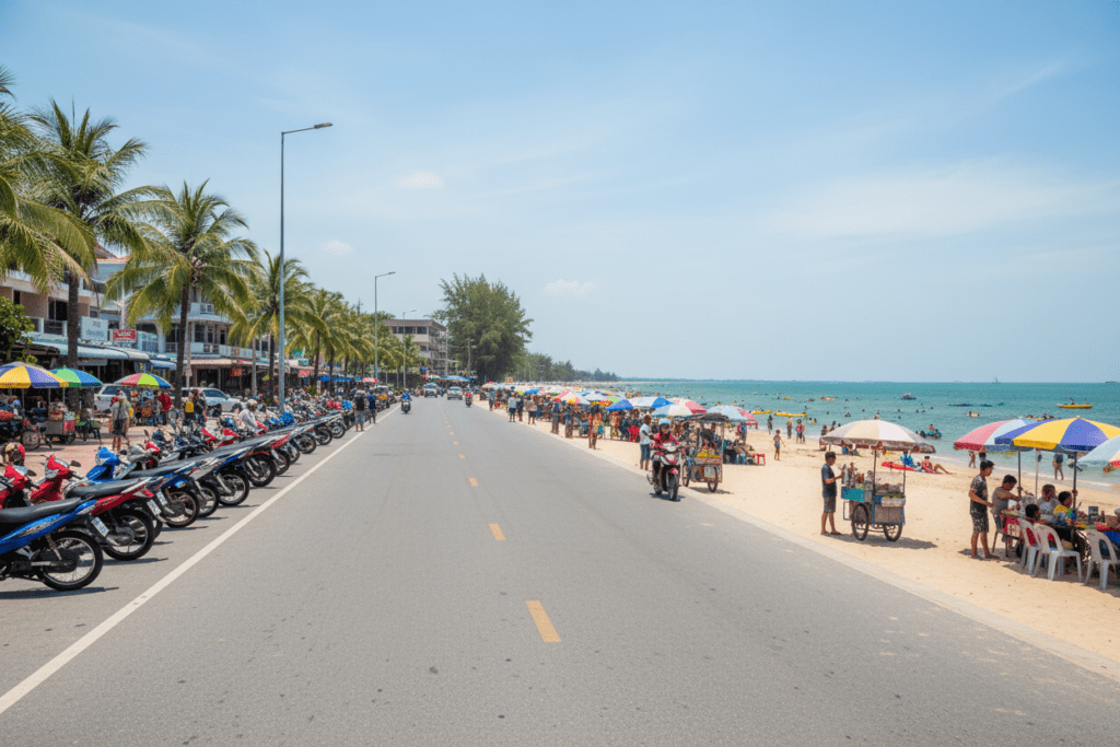 Vibrant scene on Jomtien Beach Road with scooters and beachgoers enjoying the sun