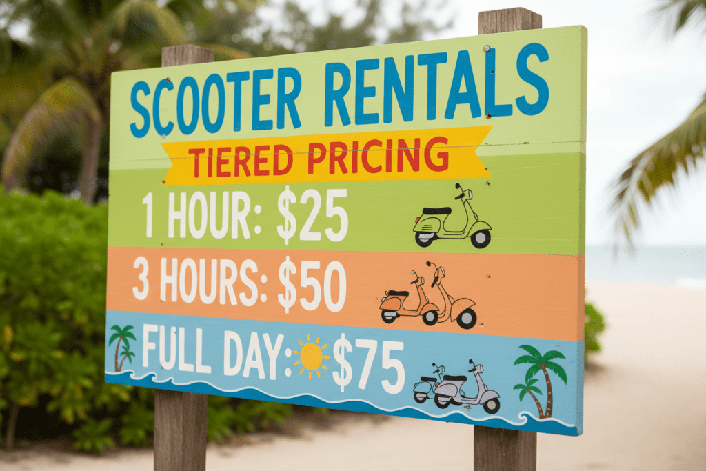 Close-up view of scooter rental price sign in Jomtien