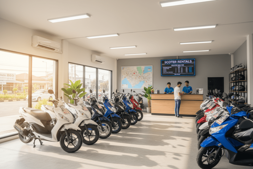 Interior of a scooter rental shop in Jomtien, Thailand highlighting rental options and customer service