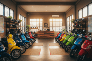 Interior view of Jomtien scooter rental shop with various bike options available