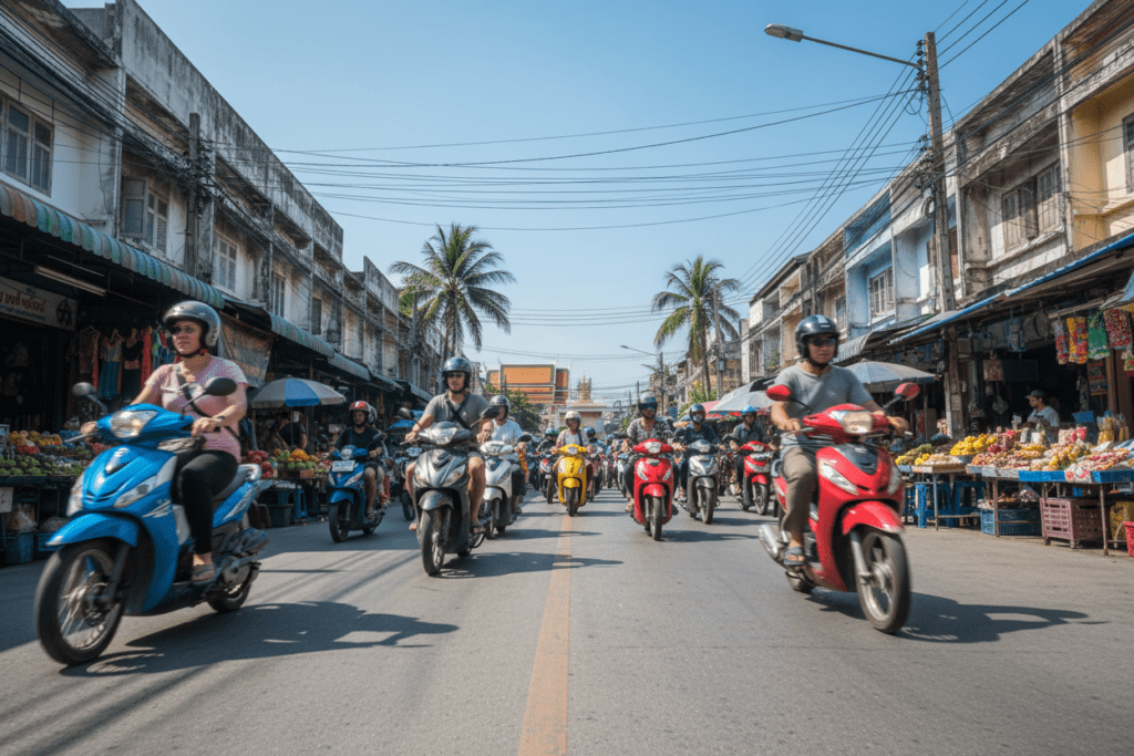 Scooter riders navigating local streets of Jomtien under bright daylight
