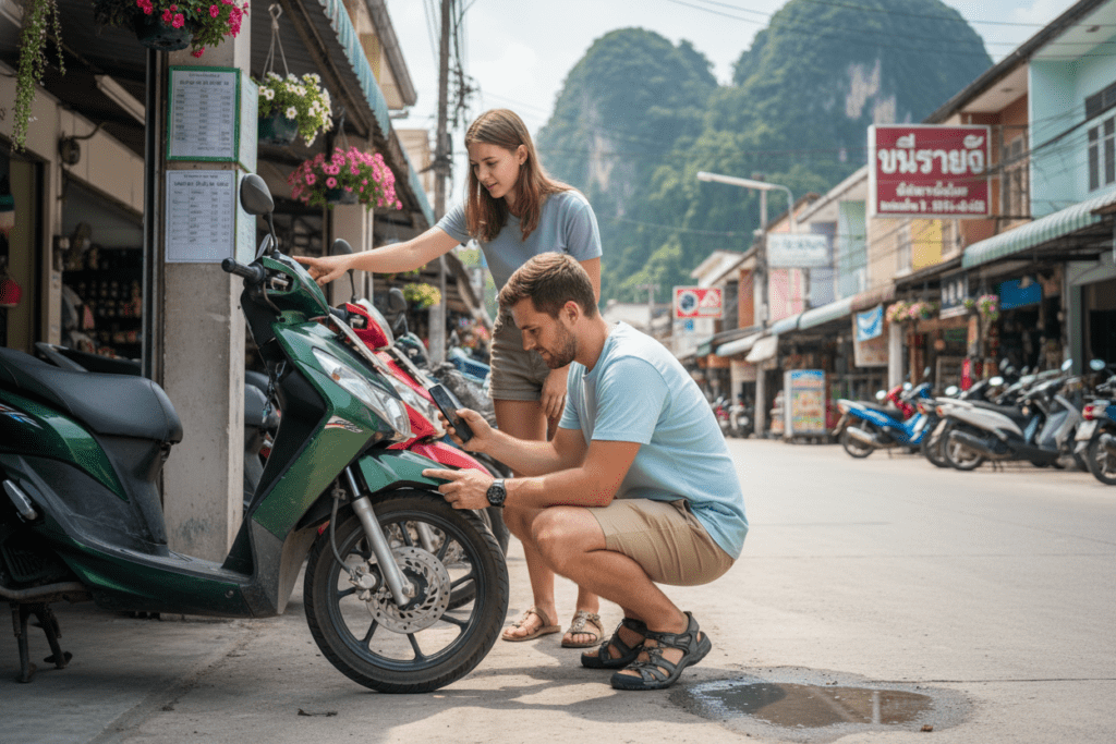 Traveler inspecting a scooter rental in Krabi Town for safety and price