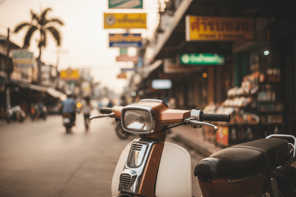 Scooter rental shop in Krabi Town showcasing local culture and vibrant colors