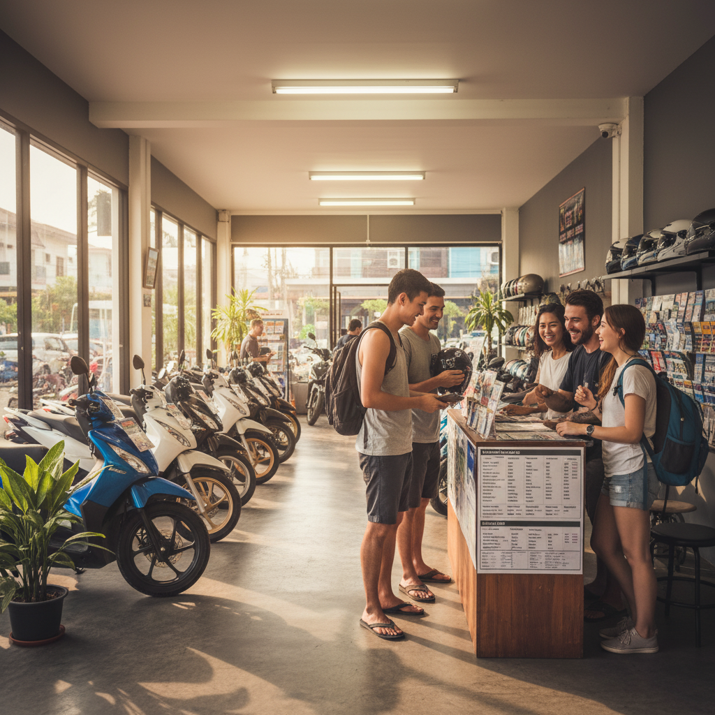 Interior of a scooter rental shop in Krabi Town filled with scooters and travelers
