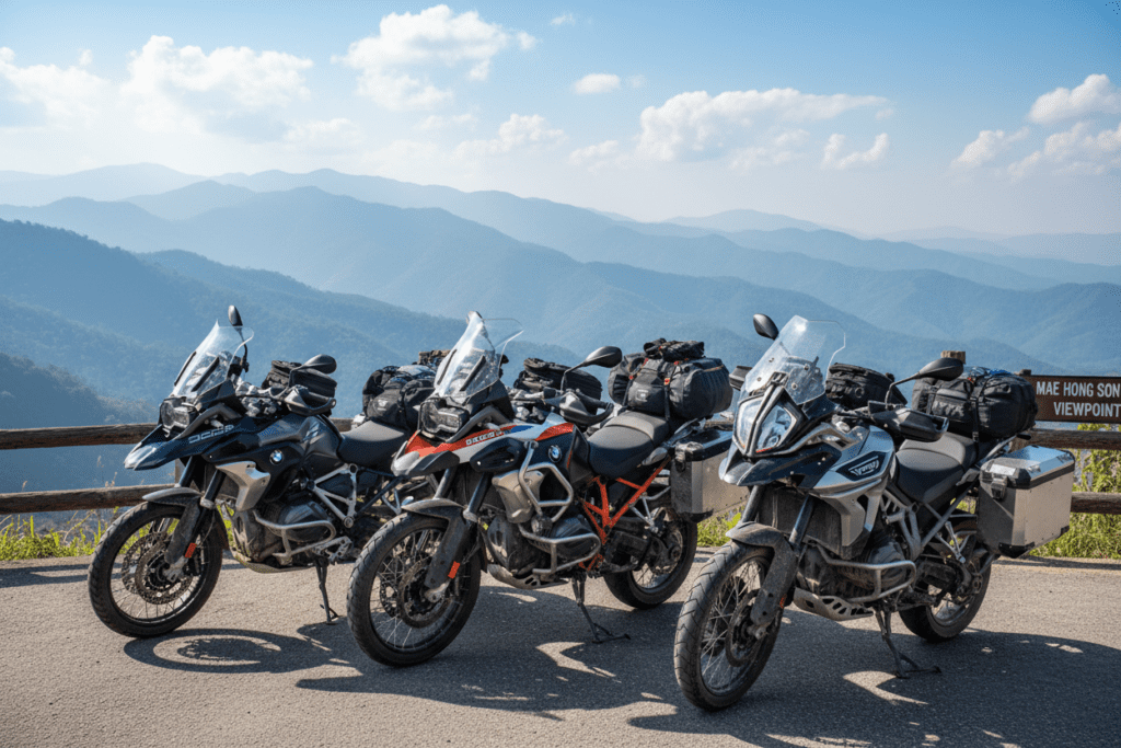 Adventure bikes parked at Mae Hong Son Loop overlook with mountainous backdrop