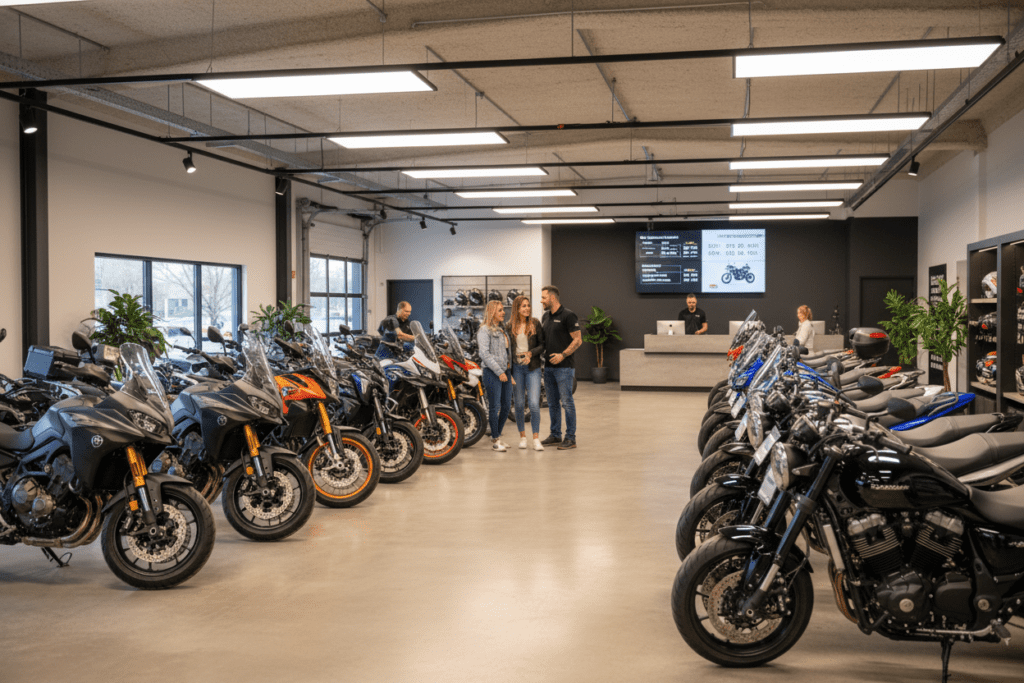 Inside a modern motorbike rental agency showcasing available bikes