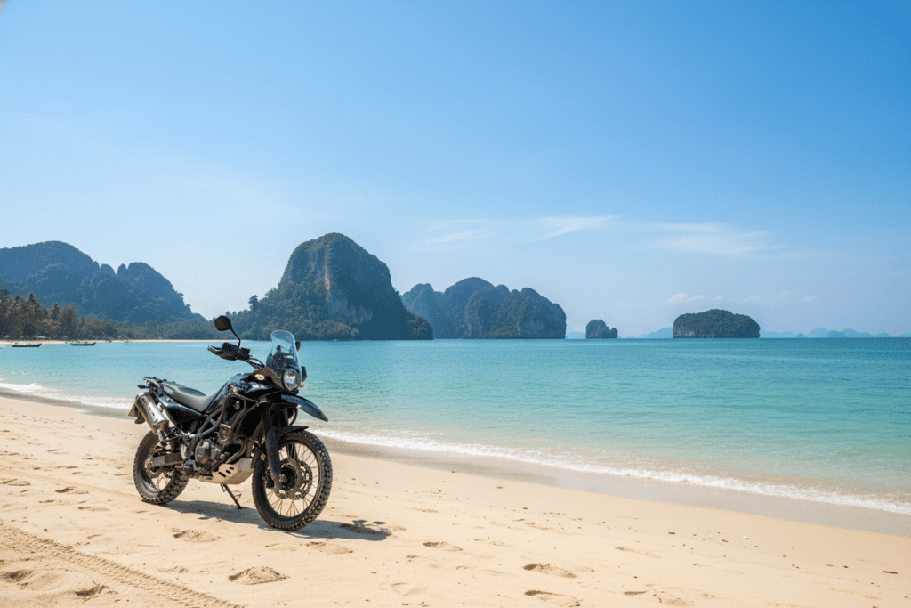 Scenic view of a motorbike parked on a beach in Krabi, surrounded by limestone karsts and turquoise waters