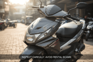 Close-up of a motorbike with visible scratches emphasizing importance of bike inspection