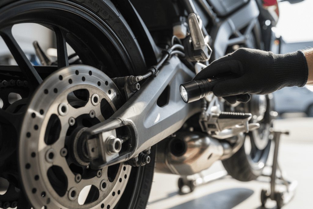 Close-up inspection of a motorcycle's tires and brakes