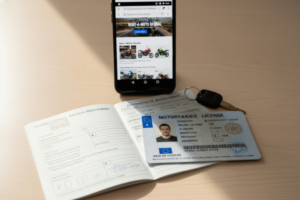 Close-up of motorbike license and IDP on a rental desk, essential for Bangkok scooter rental