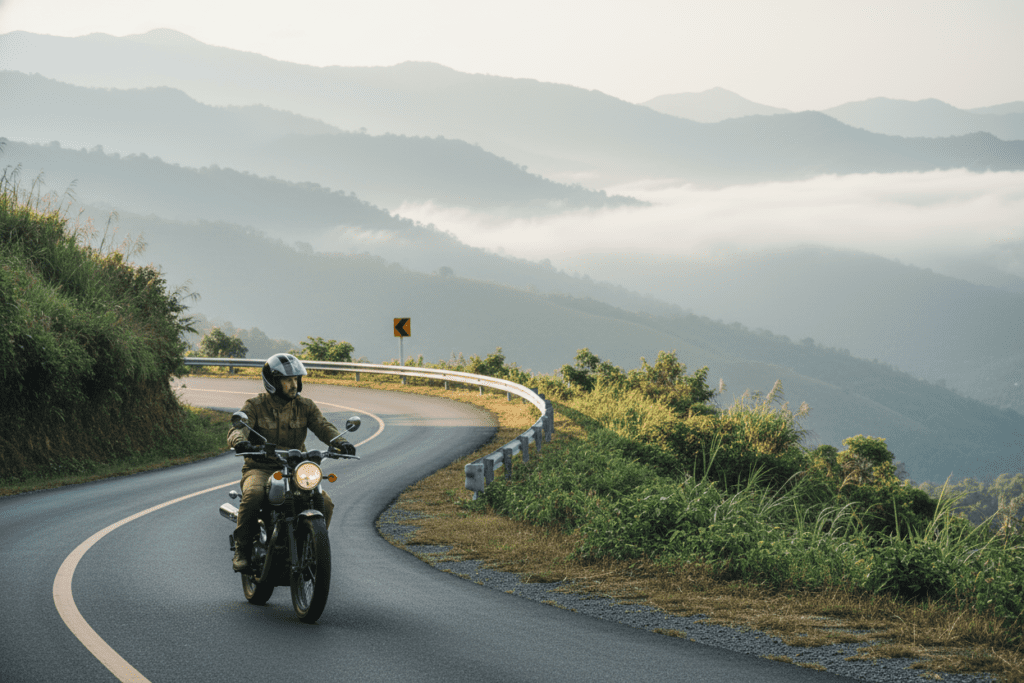 Traveler riding motorbike along scenic mountain road in Chiang Mai