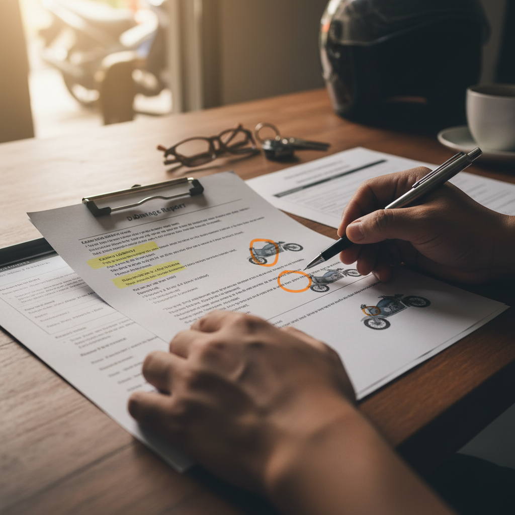 Motorbike rental contract and damage report review to avoid scams