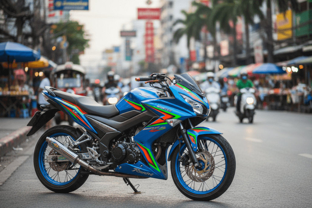 Vibrant motorbike parked on a busy street in Pattaya, Thailand