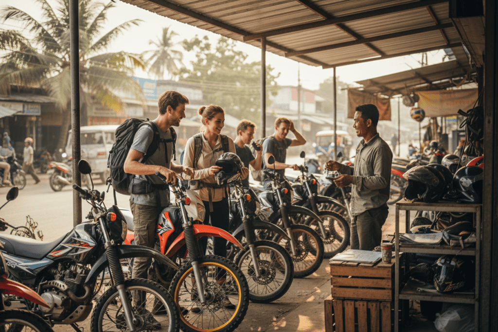 Travelers interacting with a rental shop owner while picking up motorbikes