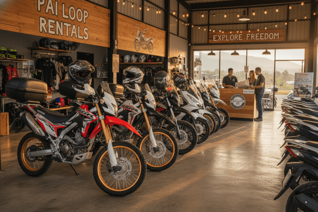Interior of a motorbike rental shop in Chiang Mai showcasing various bikes for rental