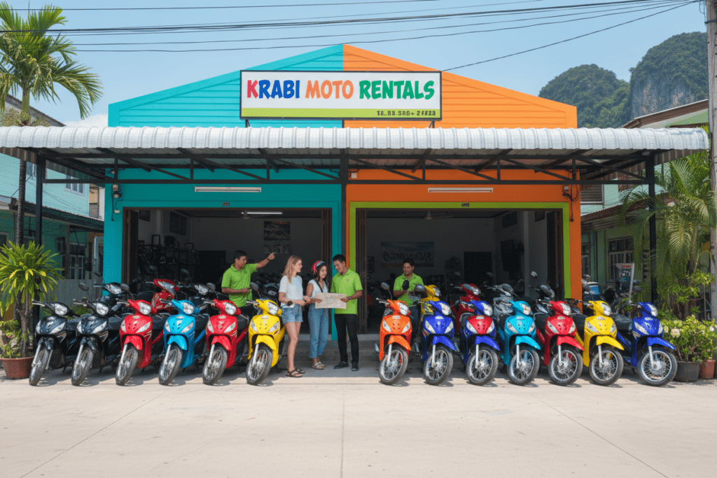 A busy motorbike rental shop in Krabi with staff ready to assist customers, showcasing available bikes