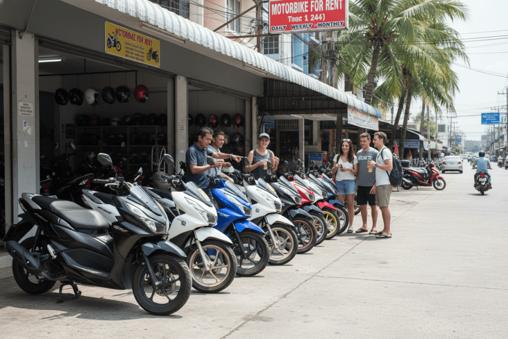 Motorbike Rental Shop in Pattaya - Browse Your Options Local motorbike rental shop in Pattaya with customers browsing
