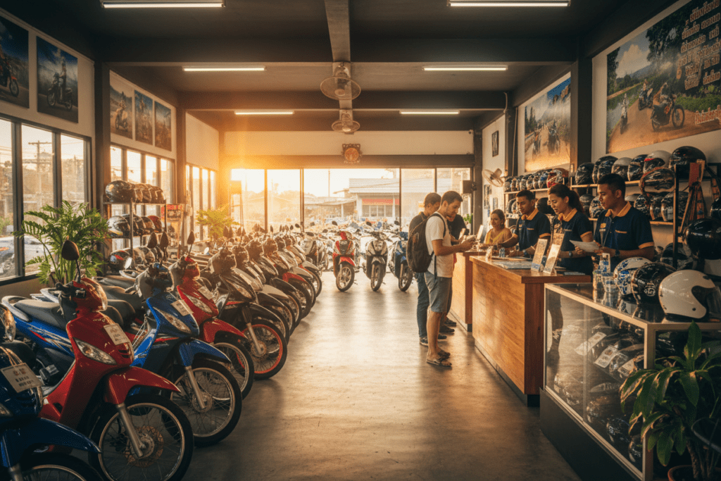 Interior view of a motorbike rental shop in Thailand with customers and bikes