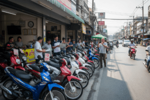 Motorbike rental shop in Thailand bustling with activity and bikes available