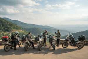 Motorbike riders gearing up at scenic viewpoint in Chiang Mai