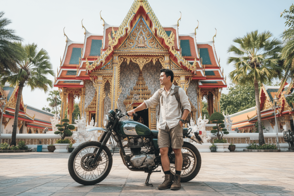 Person on a motorbike in front of a vibrant temple in Hua Hin, Thailand