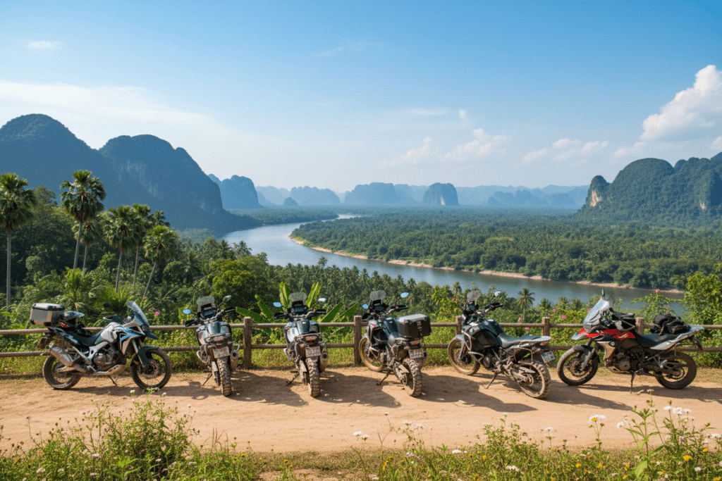 Motorbikes parked at a scenic viewpoint near the Mekong River.