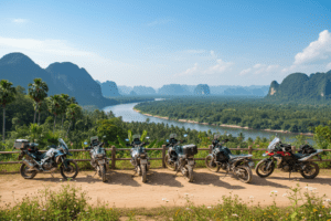 Motorbikes parked at a scenic viewpoint near the Mekong River.