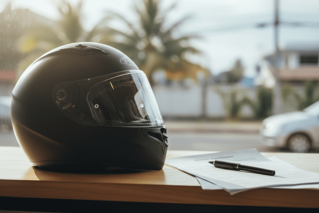 Motorcycle Safety Gear - Essential for Riders Motorcycle helmet on a rental counter in Pattaya