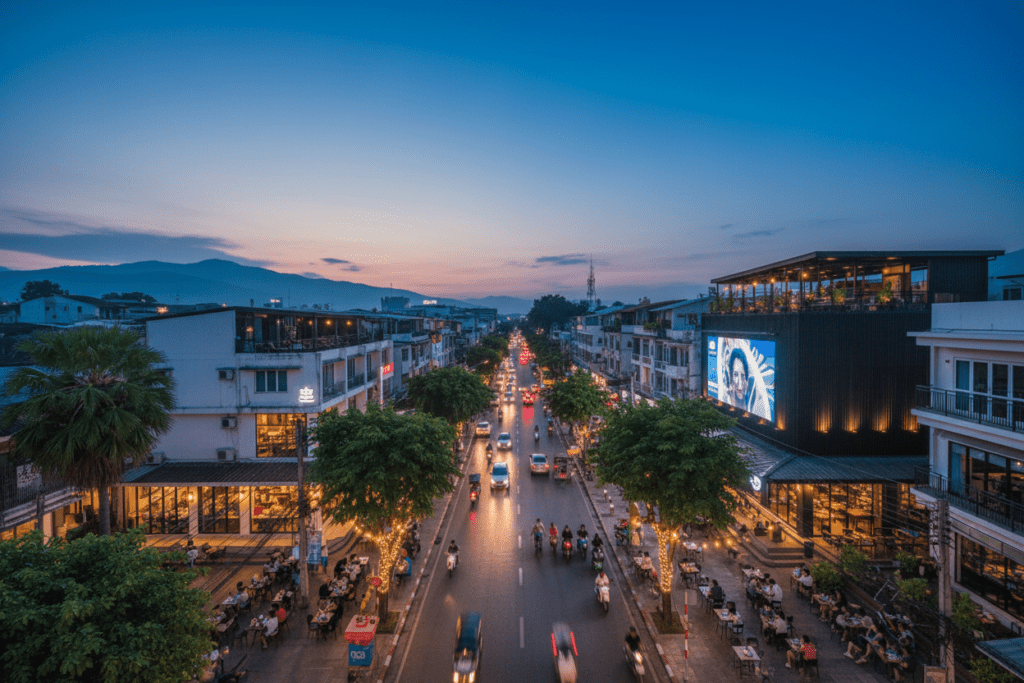 Nighttime view of Nimmanhaemin district's cafes and co-working spaces