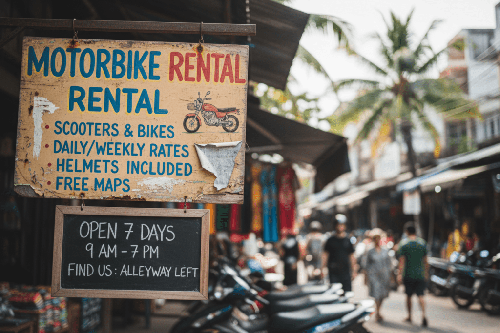 Close-up of motorbike rental sign in an Asian city showing rental details