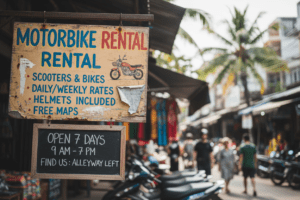 Close-up of motorbike rental sign in an Asian city showing rental details
