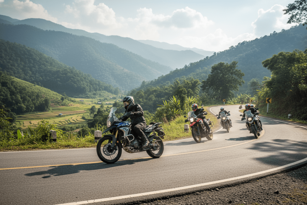 Motorcyclists riding on a scenic mountain road in Northern Thailand