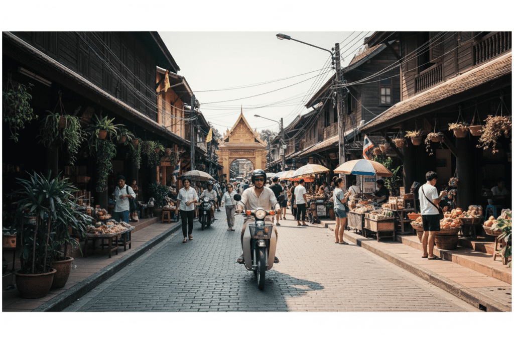 Motorbike riding through narrow streets of Chiang Mai's Old City