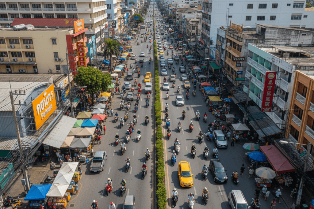 Aerial view of Pattaya street with motorbikes and bustling activity