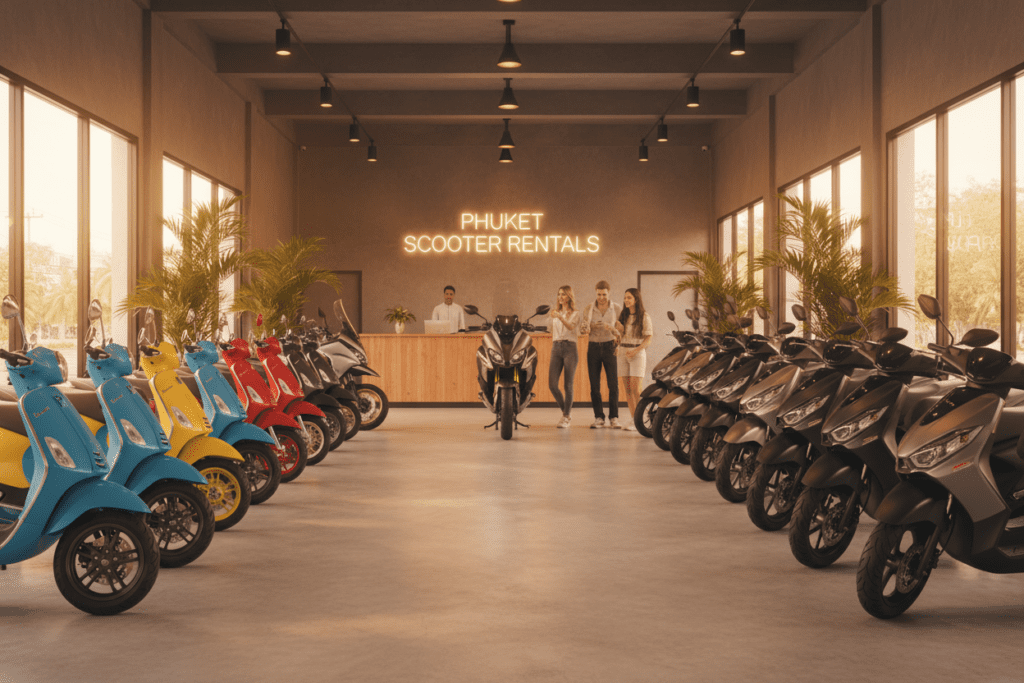 Interior view of a Phuket scooter rental shop with various motorbikes available