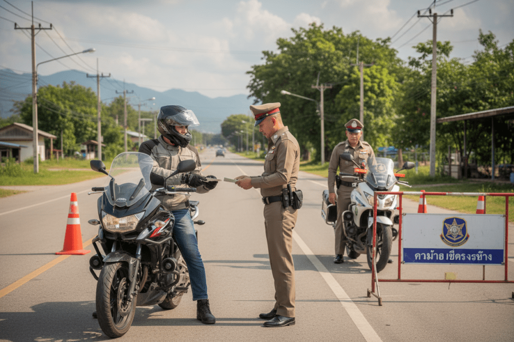 Motorbike rider at a police checkpoint in Thailand during the holidays