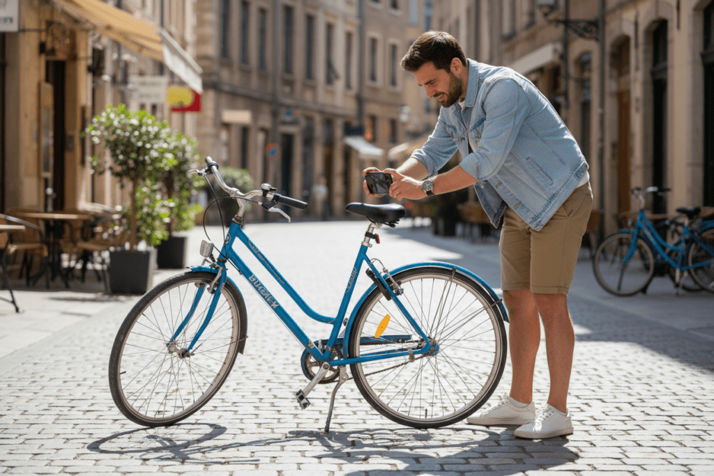 Tourist inspecting a rented motorbike in Thailand with smartphone, documenting condition