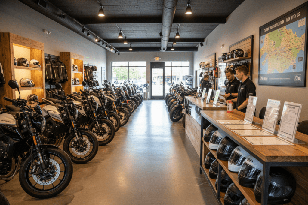 Interior view of a professional motorbike rental shop in Thailand with organized display