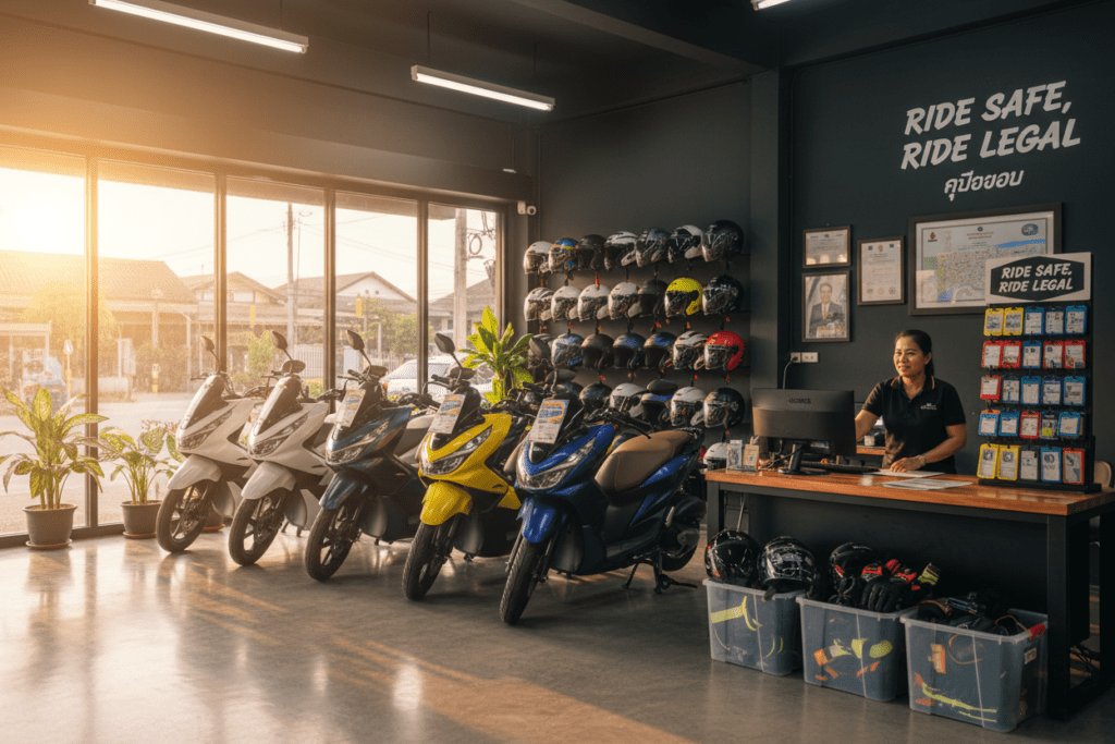 Interior of a legal motorbike rental shop in Thailand showcasing quality scooters and safety helmets