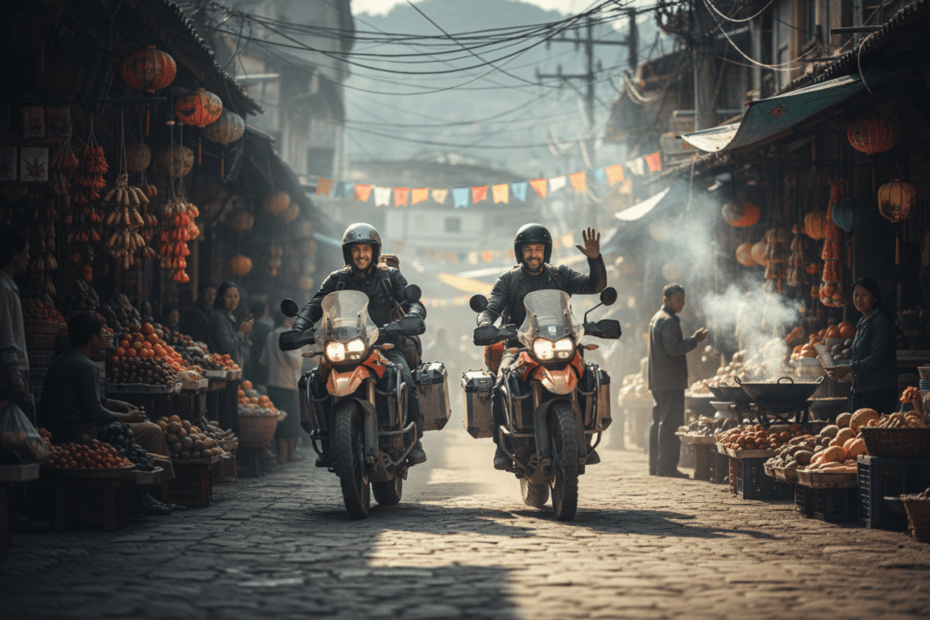 Travelers riding motorbikes through a bustling Asian market