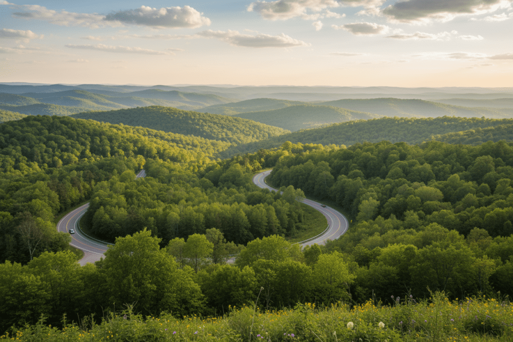 Scenic view of Route 1095, showcasing winding roads and lush landscapes in Northern Thailand