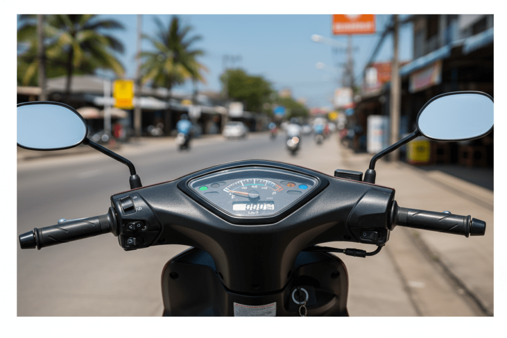 Close-up of a scooter dashboard displaying controls and fuel gauge