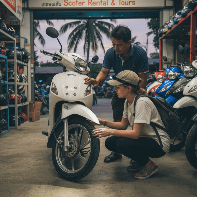 A customer inspecting a scooter at a rental shop in Koh Lanta