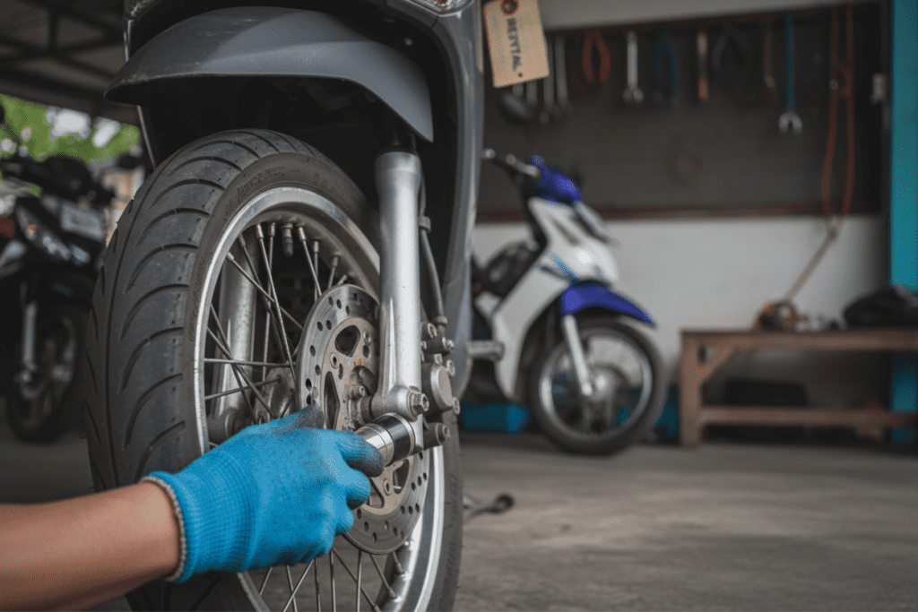 Details of scooter tire and brakes during a maintenance check at a rental shop in Thailand