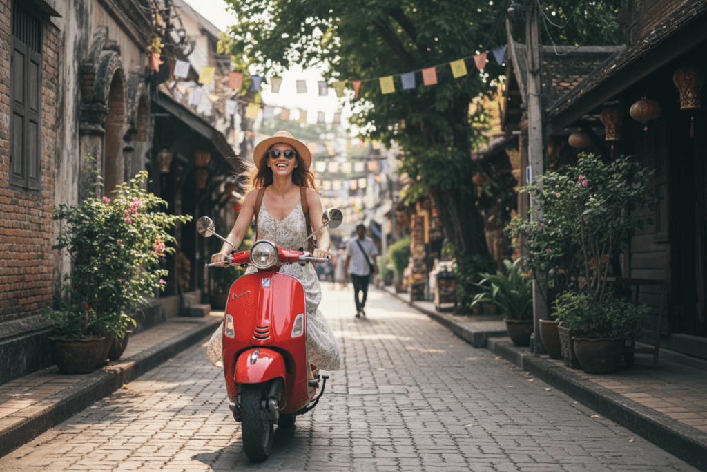 Tourist riding a scooter through Chiang Mai's narrow streets