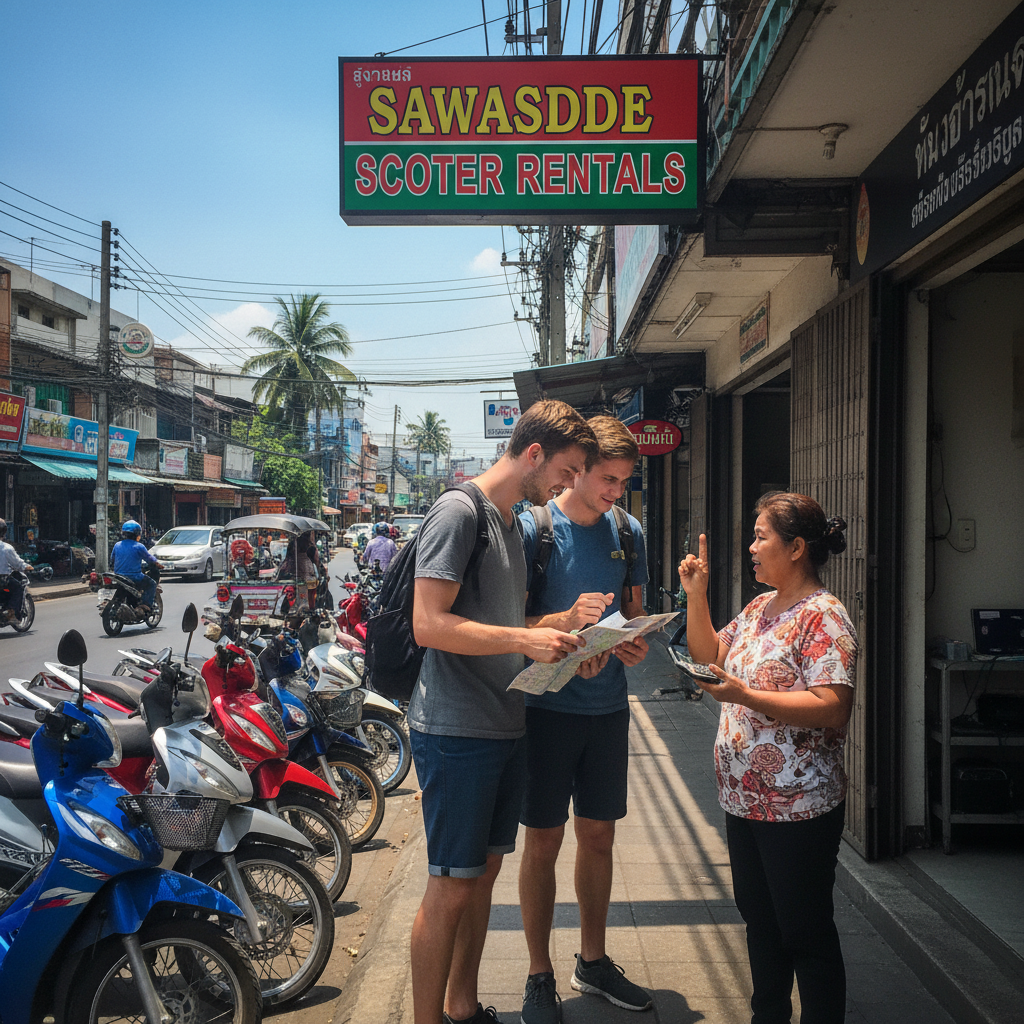 Travelers negotiating scooter rental prices in Thailand