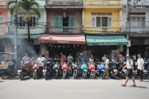 Chiang Mai street scene with scooter rentals and vibrant local atmosphere