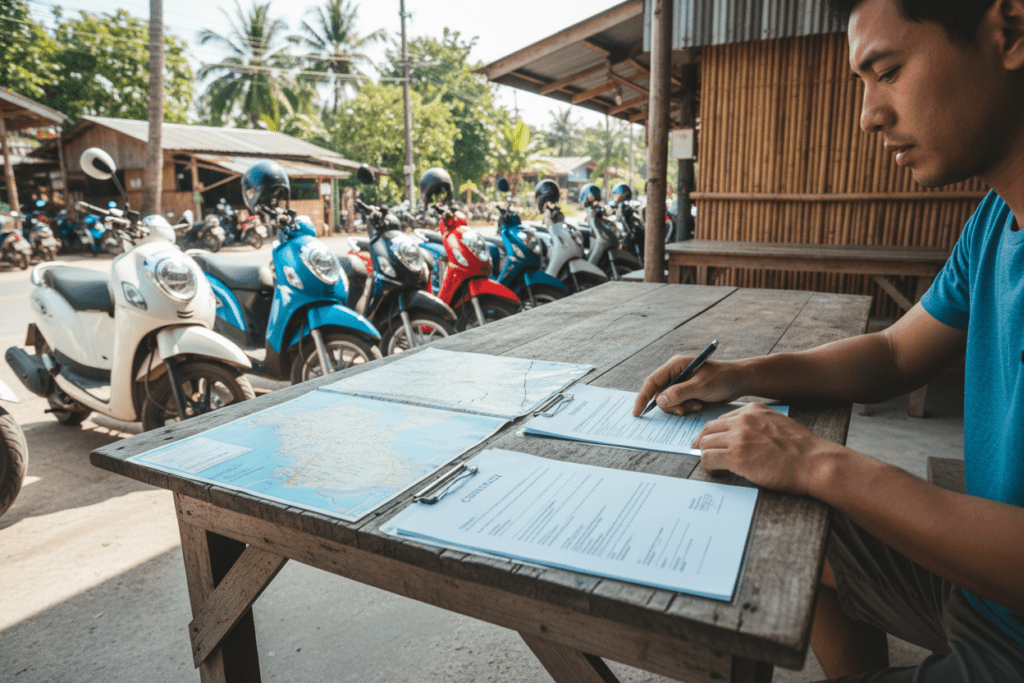 Scooter rental documents on a table in Koh Lanta